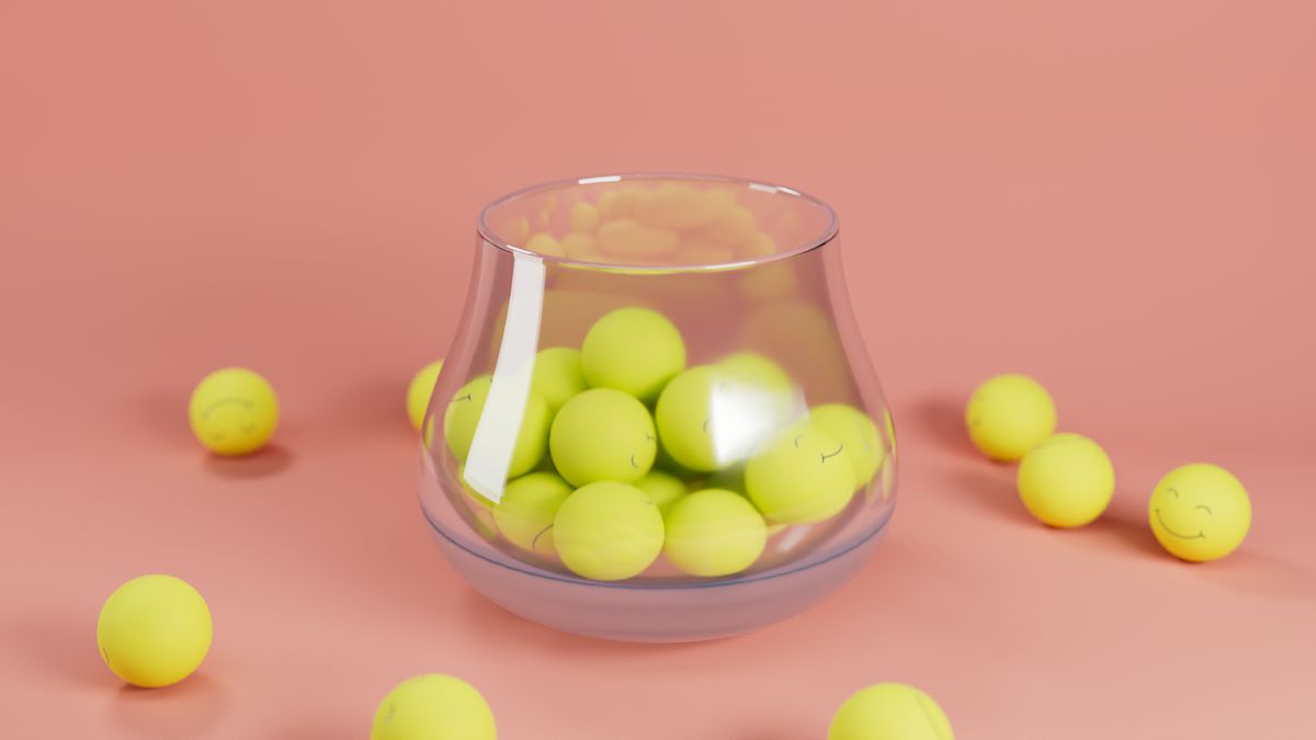 Kleurrijke 3D-compositie met glazen vaas en gele bollen